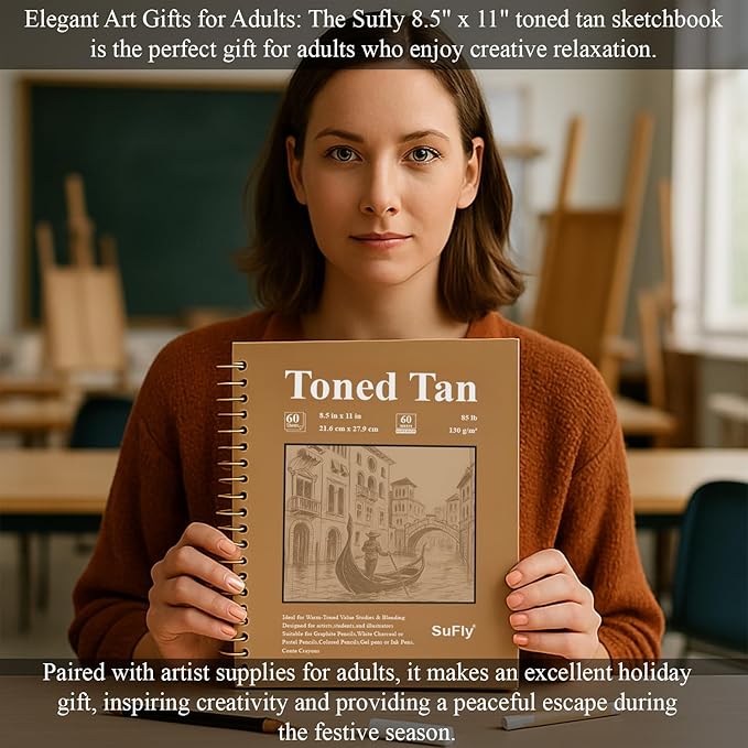 SuFly Toned Tan Sketch Pad, 8 1/2 x 11 Sketchbook, 60 Sheets - 90lb/150gsm Toned Tan Sketch Paper for Mixed Media, Charcoal, Graphite, Colored Pencils & White Gel Pens, 100% Recycled, Wire-O Bound.