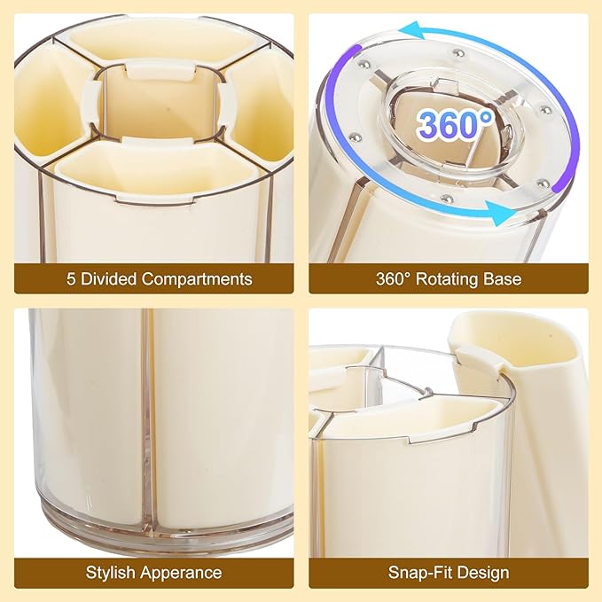 Comix 360° Rotating Pen Holder for Desk, Cute Pencil Holder Pen Organizer, Beige Acrylic Pencil Cup Caddy with 5 Slots for Home School Office Supplies
