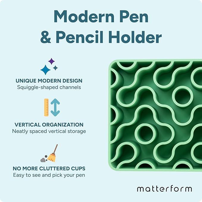 Modern Desk Pen & Pencil Holder Organizer | Unique Squiggle Design, Matte Finish, Non-Slip Rubber Feet | Stylish Office Desk Accessory & Storage for Home, Work, Classroom (Matte Green)