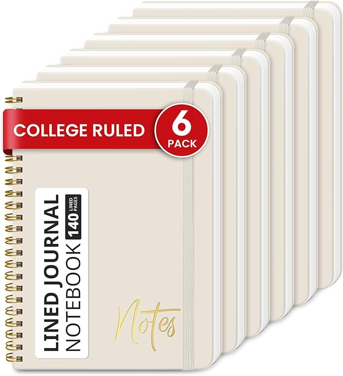 ZOTIA Lined Spiral Journal Notebook for Women, 6 Pack, A5 College Ruled Journals for Writing, Hardcover Notebooks for Work, Note taking and Office School Supplies,140 Pages, 6 Pcs - Grey Beige