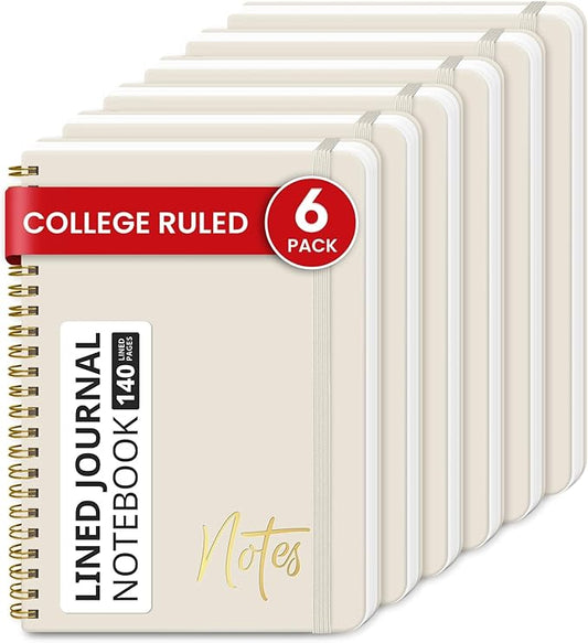 ZOTIA Lined Spiral Journal Notebook for Women, 6 Pack, A5 College Ruled Journals for Writing, Hardcover Notebooks for Work, Note taking and Office School Supplies,140 Pages, 6 Pcs - Grey Beige