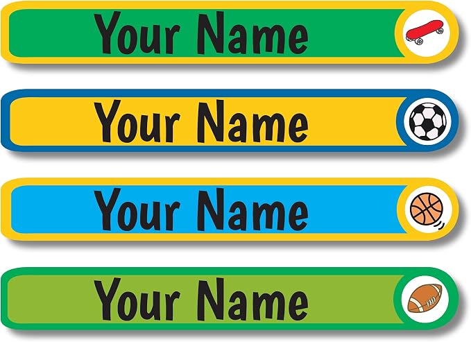 Lovable Labels Personalized Labels for Kids (120 Labels) - Waterproof Dishwasher Safe Peel and Stick Stickers are Great for School Supplies Daycare Camp Bottles (Sporty)