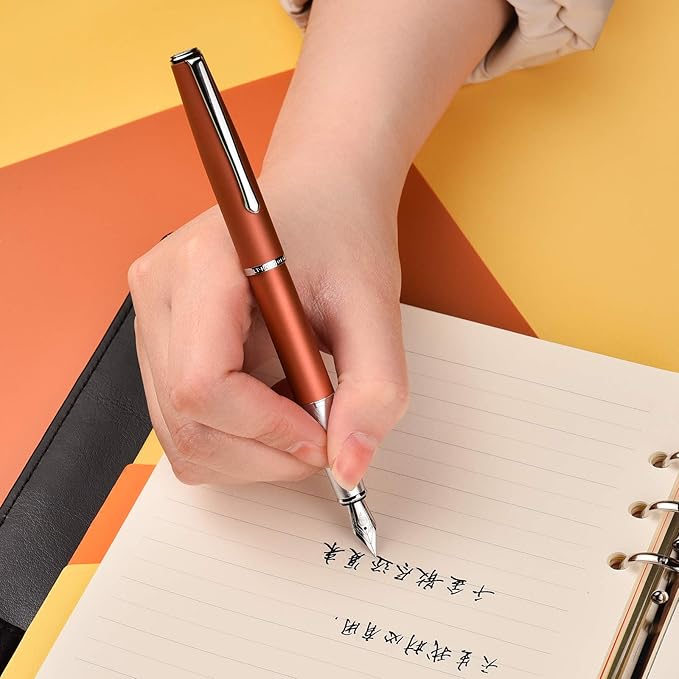 Hongdian 920 Orange Metal Fountain Pen, Iridium Extra Fine Nib Classic Pen, Includes Refillable Converter and Pen Pouch