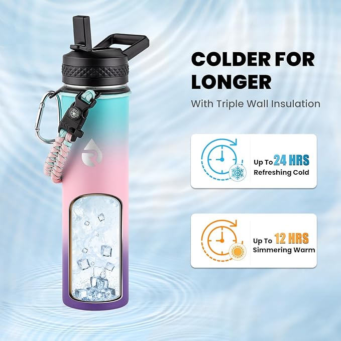 RAYMYLO Insulated Water Bottle 24oz, Triple Wall Vacuum Stainless Steel (Cold for 24Hrs, Hot for 12Hrs), Leak Proof & Non-BPA, 24oz Hydro Water Flask with Paracord Handle & Straw Spout Lids