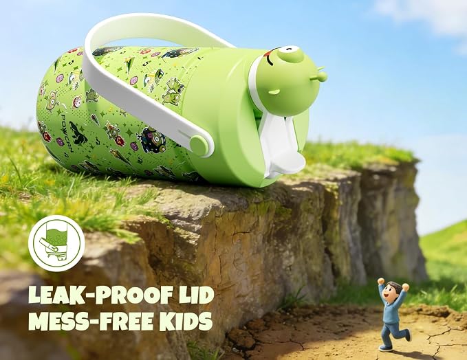 POWCAN 12 oz Insulated Water Bottle for School: 2-in-1 Straw Spout Lid with Soft Animal Head, BPA-Free, Leakproof, Keep Cold 24H, Easy Carry, Stainless Steel Cup for Boys, Girls, Kids (Alien Party)
