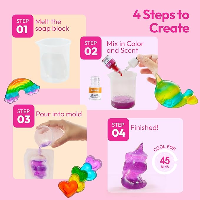Klever Kits Unicorn Soap Making Kit- 4 Molds Girl Crafts DIY Project, Unicorn Girl Gifts, Kids Birthday Gift for Aged 6+, Science STEM Activity Teenage Gifts for Toddler Ages 6 7 8 9 10 11 12