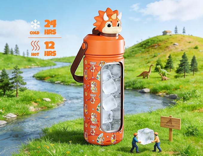 POWCAN 18 oz Kids Water Bottle Insulated: 2-in-1 Straw Spout Lid with Soft Animal Head, BPA-Free, Leakproof, Keep Cold 24H, Backpack Friendly, Stainless Steel Cup for School, Trip, Gift (Sunny Trike)