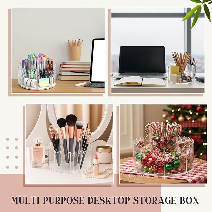 Scalloped Acrylic Pencil Holder Desk Organizer with 9 Compartments 360 Degree Rotating Pencil Organizer Desktop Storage Caddy for Pen Crayon Marker Art Supply for Office Home School