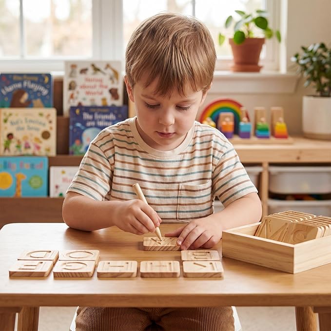 Alphabet Tracing Board for Kids Montessori Wooden Letter Tracing Set, 26 Double Sided Uppercase & Lowercase Boards with Arrows, Handwriting Practice Toy with Stylus & Storage Box