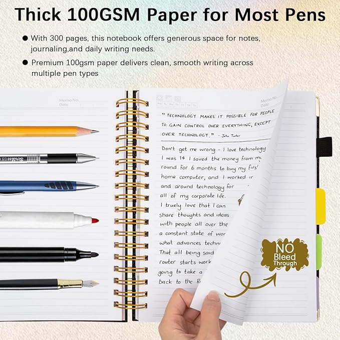 Hardcover Spiral Notebook with Removable Dividers & Tabs, 8"x10" 5 Subject Notebooks for Work, 300 Pages College Ruled Notebook, B5 Sparkle Lined Journal for Women Girls Note-Taking (Black)
