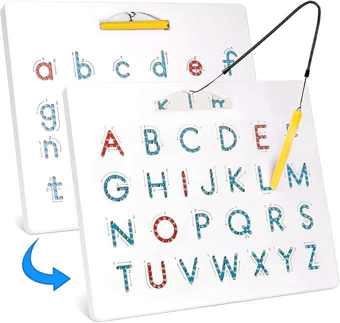 Magnetic Letter Tracing Board, Double-Sided ABC Magnets for Kids-Uppercase & Lowercase Letter Writing Practice, Road Trip Car Activities for Kids, Reusable Handwriting Practice(Ages 3-5)