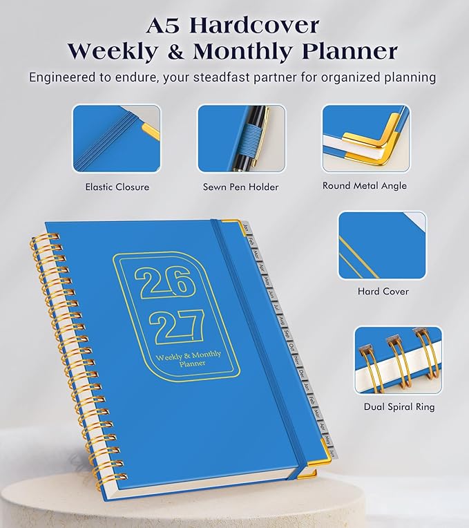Planner 2026-2027, 18 Months Weekly and Monthly Hardcover Planner, January 2026 - June 2027, 5.75" x 8.38" A5 Daily Calendar Planner Book with Tabs, Spiral Yearly Agenda Organizer Notebook for School Work Home, Navy