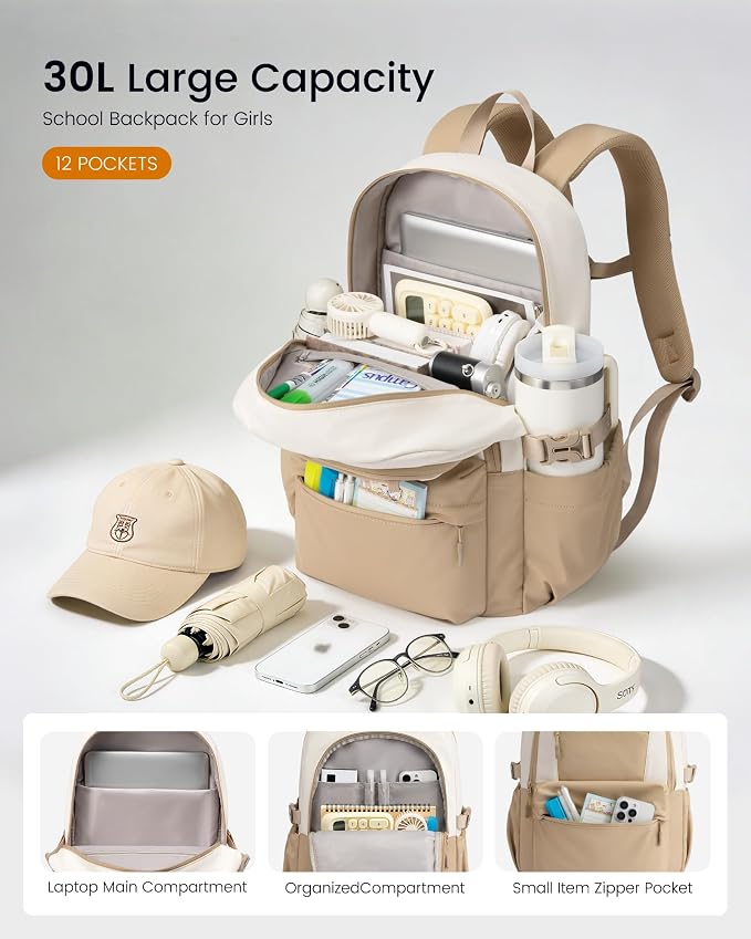 LOVEVOOK School Backpack for Teen Girls & Women, 35L Large Laptop Backpack with 40oz Water Bottle Pocket, Waterproof Cute College Bookbag, Student Backpack for Middle High School Travel Work Khaki