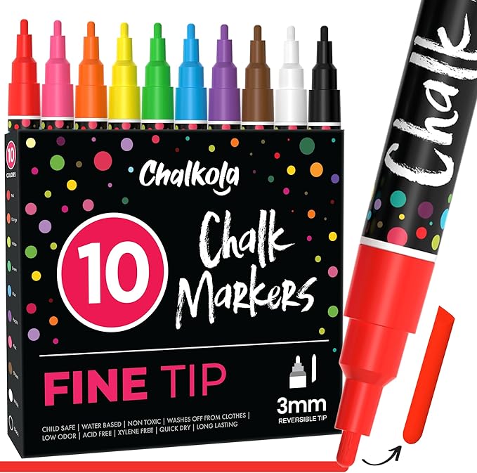 Chalkola 10 Fine Tip Liquid Chalk Markers for Blackboard (10 Pack, 3mm Reversible Tip) | Thin Chalk pens for Chalkboards, Window, Car, Glass - Erasable Chalkboard Markers