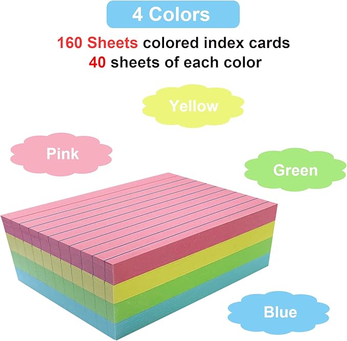Colored Index Cards 4x6 Ruled, 160 Sheets Flash Cards for Studying, Notecards Recipe Cards 4x6 with Lined Plain Sides, Colorful Flashcards for School Office Home (4 Colors, 40 Sheets per Color)