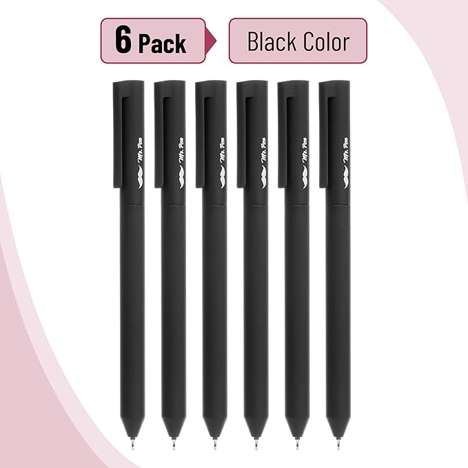Mr. Pen- Retractable Gel Pens, 6 Pack, Black Ink, Black Barrels, Fine Point 0.5 mm, Fast Dry, Smooth Writing, Cute Pens for Drawing, Writing Planner and School Supplies