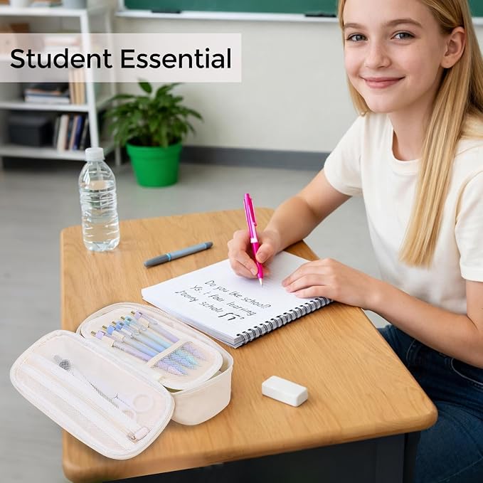 SKYDUE Beige Pencil Case for Girls & Boys – Large Capacity Zippered Pencil Pouch with Multi-Compartment, Aesthetic Pencil Bag for School & Office Supplies