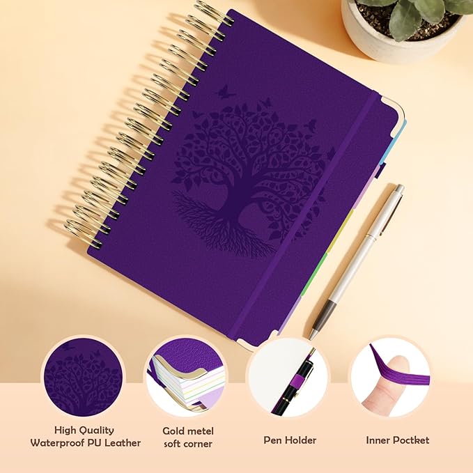 QIYVLOS Hardcover Spiral Notebook, B5 Journal with Removable Dividers Tabs, 5 Subject Notebook College Ruled, 320 Pages 8"x10" Leather Notebooks for Work School Study, Lined Journal for Women, Purple