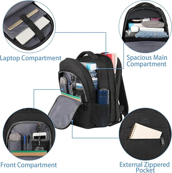MATEIN Backpack for School, Expandable College Backpack for Boys Girl | Water Resistant Fabric, Large Bookbag for Men Women, 15.6 inch Laptop Bag, Anti Theft Hidden Pockets, Travel Daypack, Black