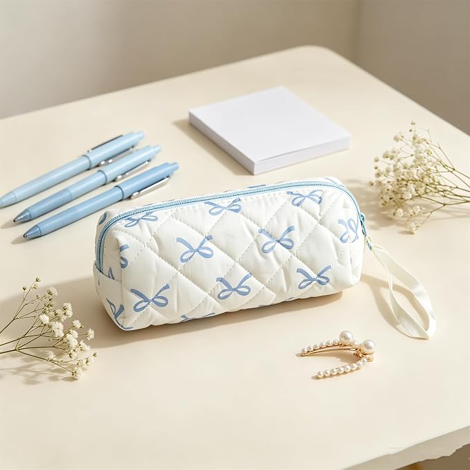 Quilted Bow Pencil Case, Large Capacity Coquette Stationery Bag | Soft Cotton Storage Bag Aesthetic Cosmetic Pouch for Brushes Pencils and Travel Make Up Accessories for Women and Girls