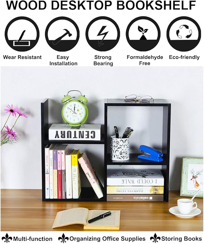 PAG Desktop Shelf Freestanding Wooden Small Bookshelf Desk Supplies Organizers and Accessories Storage Display Rack Office Dorm Decor for Women, Black