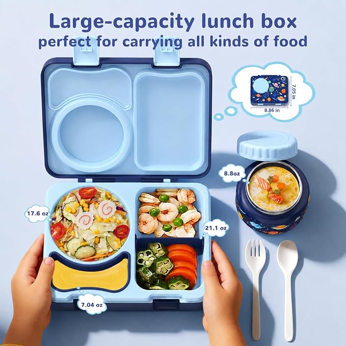Kids Insulated Lunch Box with 8OZ Thermo Food Jar | Leakproof Bento Box with Ice Pack Sauce Cup Utensils Removable Tray & Dividers for School Daycare Travel, Space
