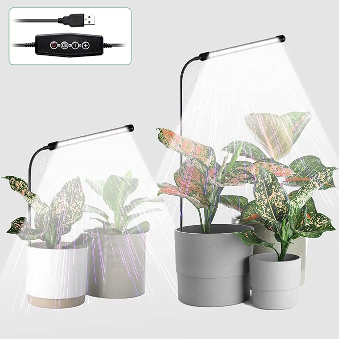 Grow Light for Indoor Plants Growing, 6000K Full Spectrum Gooseneck Plant Lamp for Seedings Succulents Small Plants, Auto On/Off Timing & 5 Dimming, 2-Pack