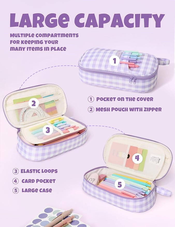 SUNEE Cute Pencil Case, Large Colored Pencil Pouch, Aesthetic Pen Bag with Zipper, Kawaii Stationery Storage and Organizer, School Supplies for Teen and Adult, Boys & Girls, Purple Checkered