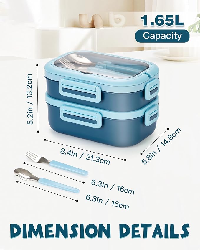 Lille Home Stackable Stainless Steel Bento Lunch Box + Insert Cutlery, 56oz | 2 Tier Leakproof Metal Lunch Boxes, 4-Compartment Food Containers for Work, Picnic, Meal Prep & Portion Control (Blue)