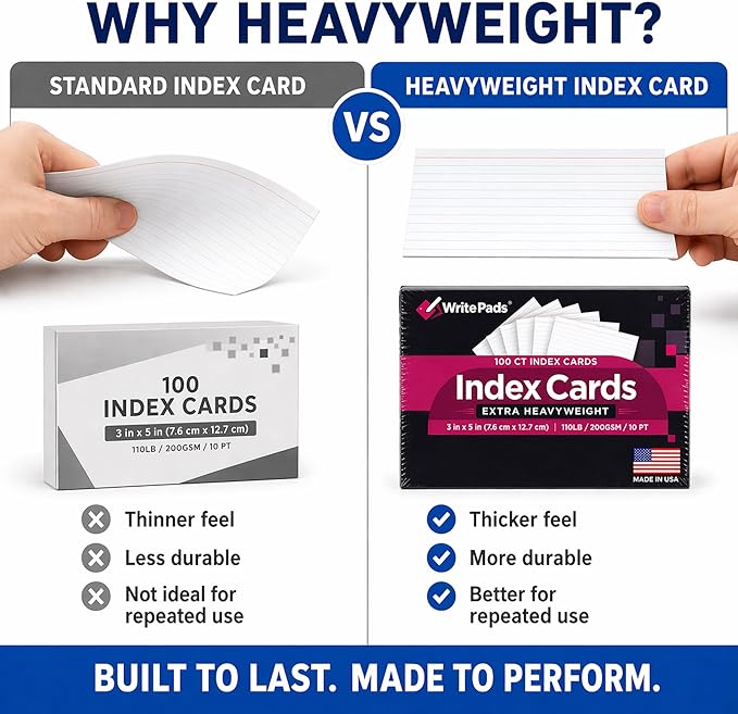 Heavyweight 3x5 Index Cards, Extra Thick Note Cards, Front Lined Back Blank Flash Cards, 110lb / 200gsm / 10pt Cardstock, 100 Sheets, Made in USA, for Studying, Classroom, Office Notes & Organization