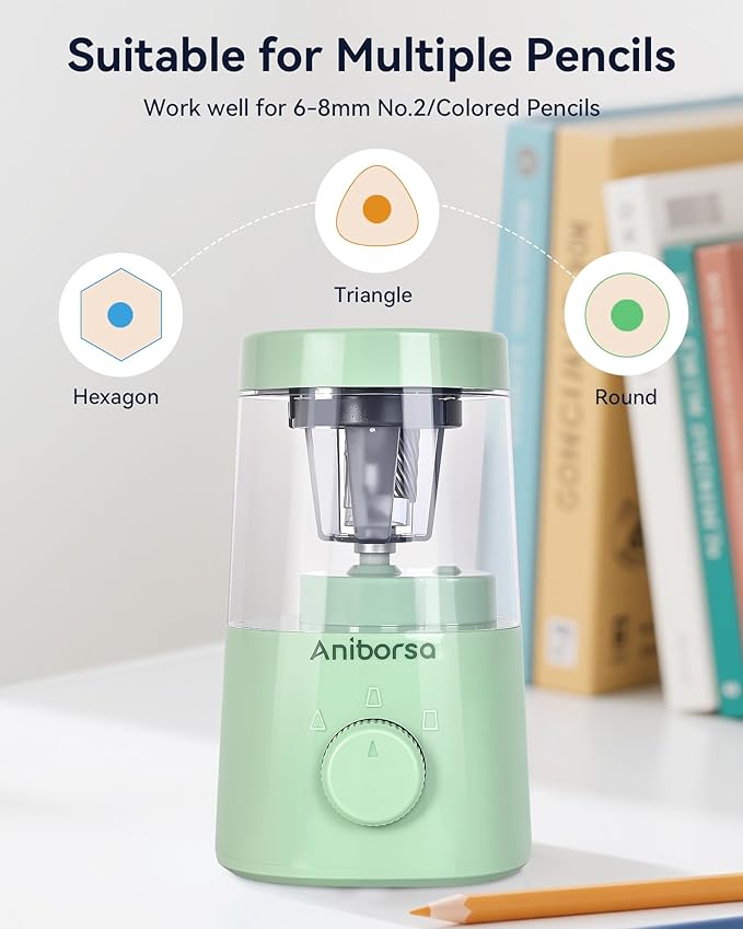 Electric Pencil Sharpener, Helical Blade Automatic Pencil Sharpener, Battery/USB Cord Operated Adjustable Sharpness for 6-8 mm Pencil, Classroom, School, Office, Home, Green