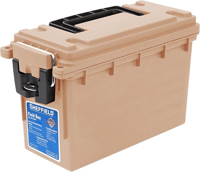 Sheffield 12627 Ammo Storage Box, Stackable .30 Cal Field Boxes, Water and Dust Resistant, Lockable Storage Box with Handle, Secures Hunting Gear, Supplies, and Bullets, Made in USA, Tan, (Pack of 6)