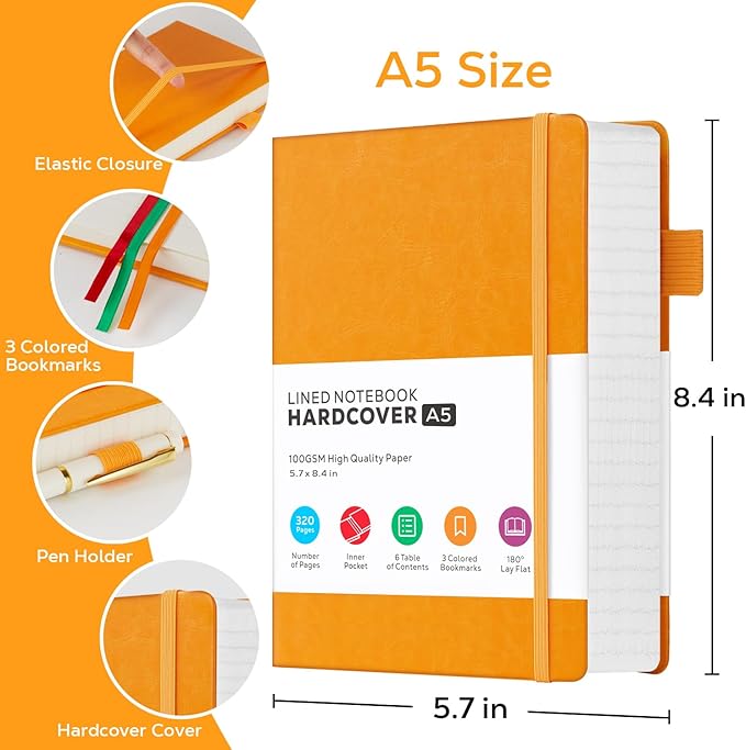 FOCUS DAY Hardcover Leather Notebooks College Ruled, 320 Pages Notebook Journals for Writing Note Taking Women & Men, A5 (5.7'' X 8.4'') Daily Notebook Journal, Orange