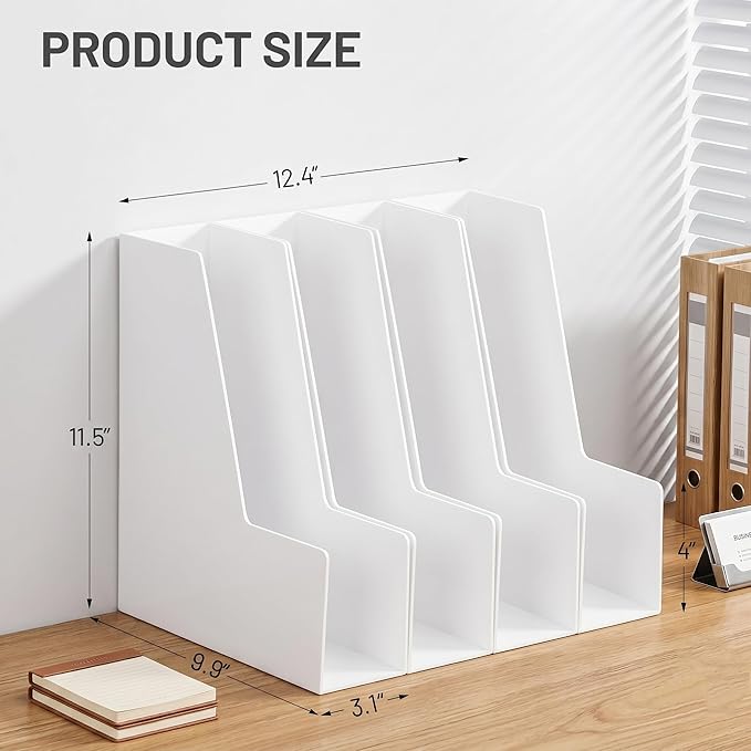 CiWiVOKi Vertical Magazine File Holder, Desk Organizer and Storage for Magazines, Binders, Notebooks, Envelopes, Multi-Purpose Desktop File Organizer for Home, Office & Classroom, 4 Pack, White