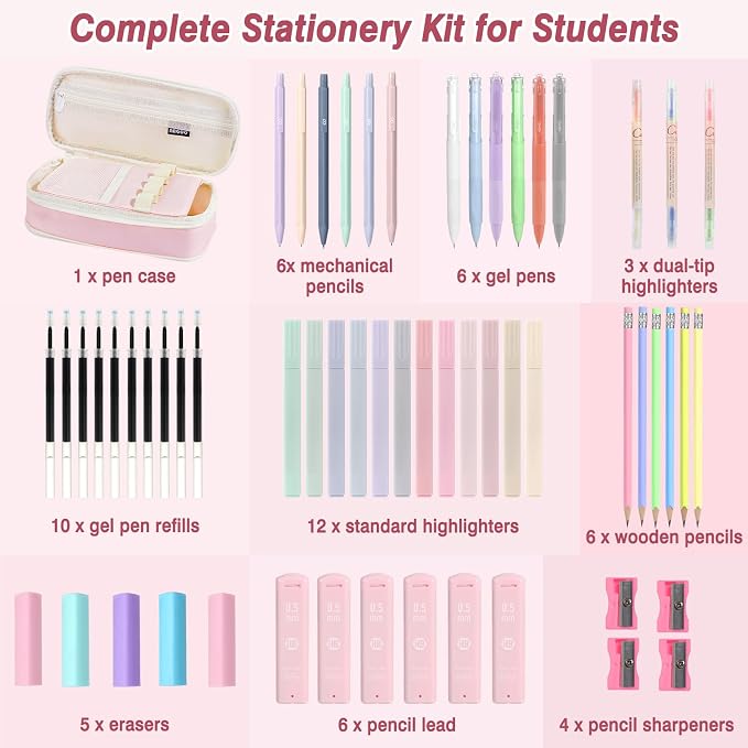 MoKo 59 PCS Aesthetic School Supplies with Cute Pencil Case, Students Stationery Set for Teen Girls & College with Gel Pens, Pastel Highlighters, Mechanical Pencils & Refills, Office Supplies, Pink