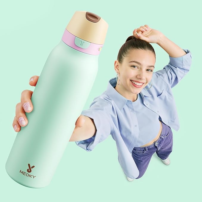 Meoky 24 oz Slim Insulated Water Bottle: 2-in-1 Locking Lid, Lime | Leak Proof, Straw and Spout, 24 Hours Cold, Top Handle, BPA Free, Stainless Steel Water Bottle for Adults Teens Sports Travel