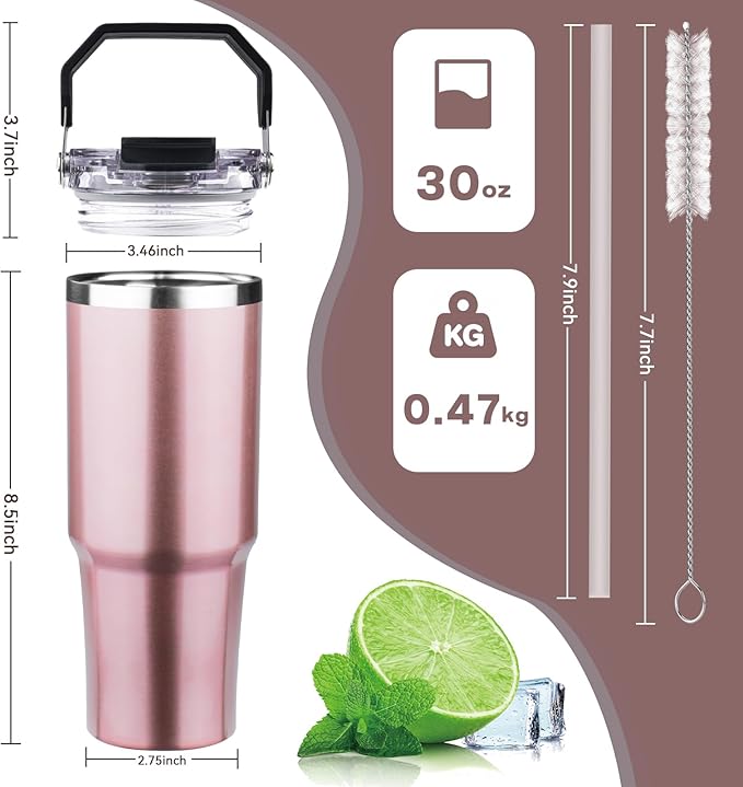 30oz Tumbler with Handle and Flip Straw Lid Double Wall Insulated Travel Coffee Mug Stainless Steel Vacuum Insulated Coffee Tumbler Cup for Hot and Cold Beverages,Leak-proof&BPA-free（30oz,Rose gold）