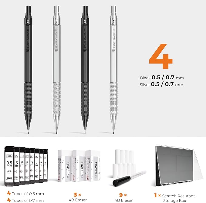 4PCS Metal Mechanical Pencil Set, 0.5mm+0.7mm, Storage Case, Black＆Silver | 480 Lead Refills, 3 Erasers, 9 Eraser Refills, Smooth Writing, Anti Grip, for Sketching, Technical Drawing, Art Projects