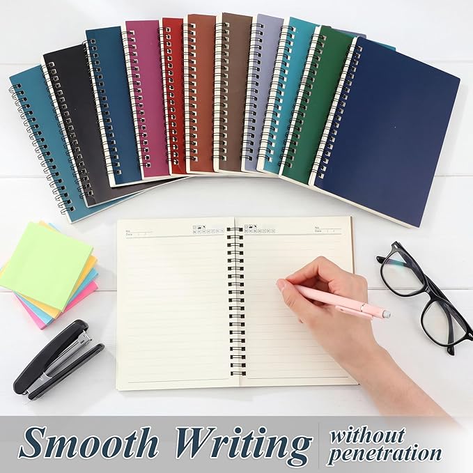 Leelosp 12 Pcs Small Spiral Notebook Lined Spiral Journal College Ruled Notebook Wire Bound Kraft Cover, 120 Pages for Work (Dark Color,5 x 7 Inch)