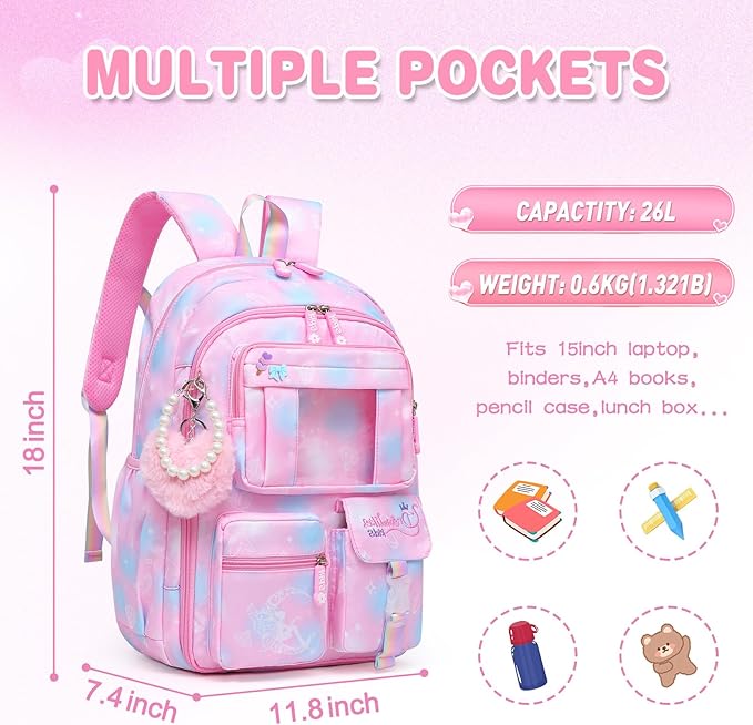 Alrisg Girls Backpack for Kids Elementary Middle School Cute Student Bookbag School Bag Pink