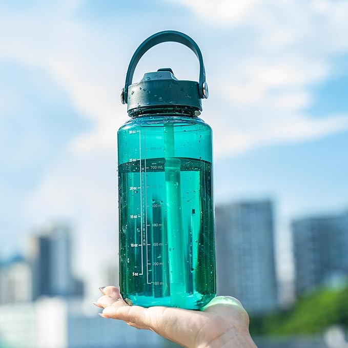 OLDLEY 32 oz Clear Water Bottle with Straw,Tritan BPA-Free, Wide Mouth, Leak Proof - for Gym, Travel, Home, School, Office (Lagoon)
