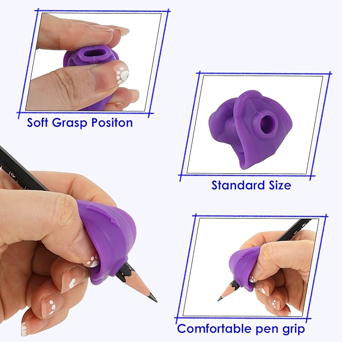 Children's Pencil Grips, Training Device, Pencil Holder for 3- to 15-year-olds, Ergonomic Writing Aid for Kids - Right and Left Hands. (7PCS, Silica Gel, Purple)