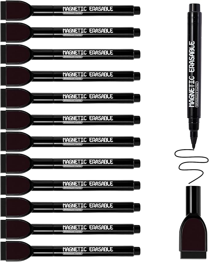 12 Pcs Dry Erase Markers, Black Magnetic Erasable Whiteboard Markers, 1 mm Fine Tip Dry Erase Marker with Eraser, Low Odor Thin Markers for Glass Whiteboards Mirrors Calendar Office