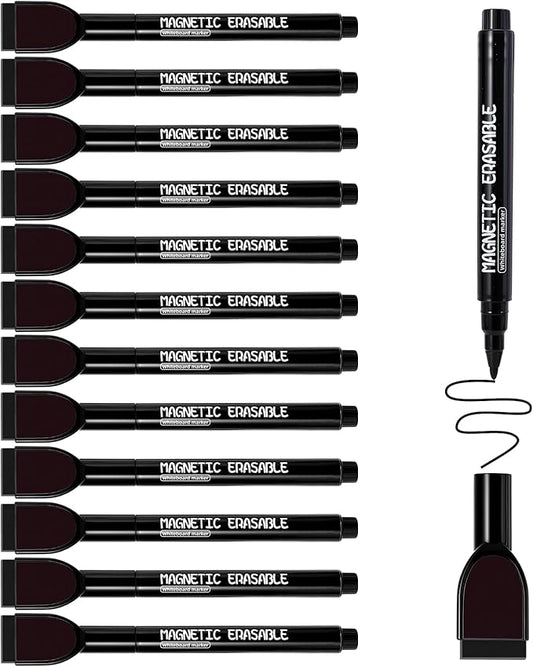 12 Pcs Dry Erase Markers, Black Magnetic Erasable Whiteboard Markers, 1 mm Fine Tip Dry Erase Marker with Eraser, Low Odor Thin Markers for Glass Whiteboards Mirrors Calendar Office