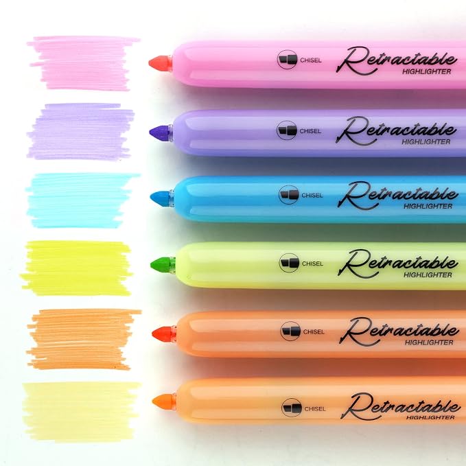 WRITECH Retractable Highlighters Assorted Colors: Chisel Tip 6ct Pastel Set | Aesthetic Pens Pack Multi Colored Ink No Bleed & Smear for Highlighting Journaling Drawing Coloring Note-taking Home Office