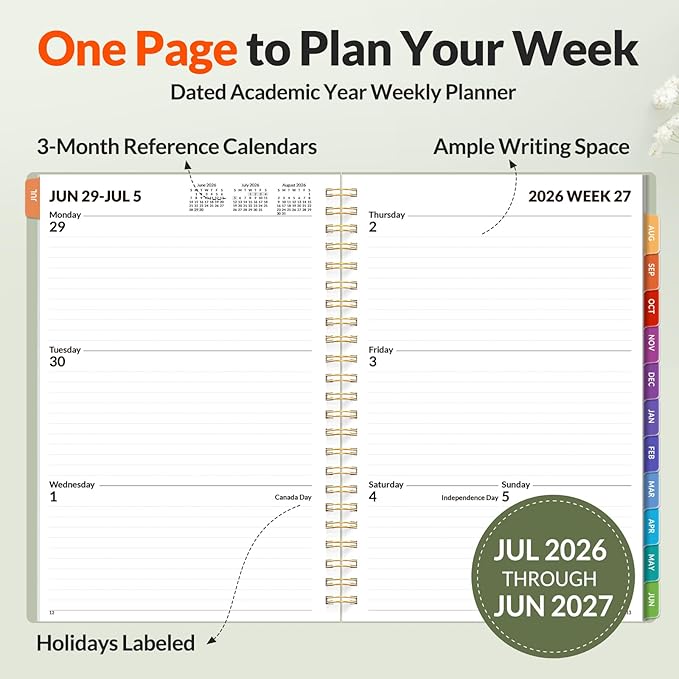 SUNEE Academic Planner 2026-2027 – Weekly & Monthly Planner, July 2026 to June 2027, 6.4"x8.3", Thick Paper, Tabs, Pockets, Bookmark, Spiral-Bound, Student Teacher Organizer, Sage Green