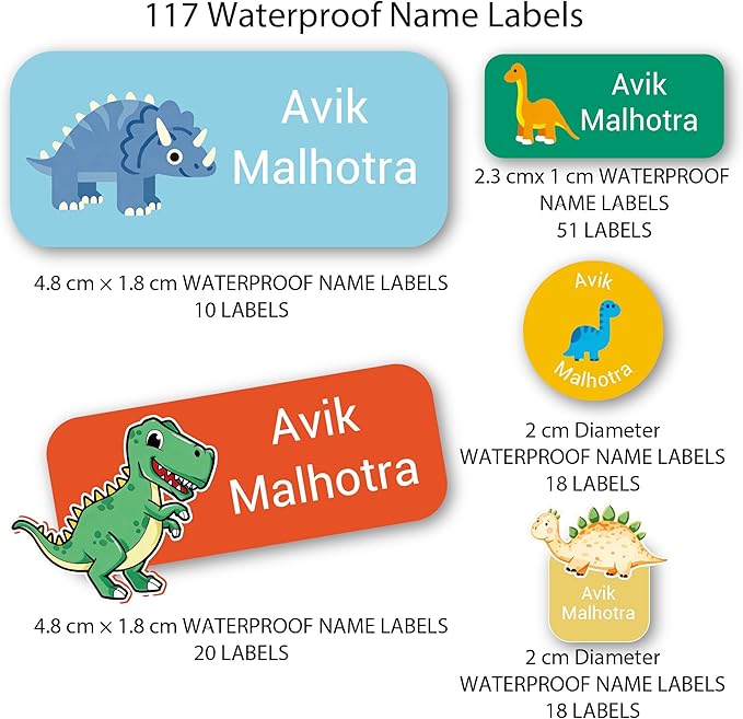 Personalized Kids Name Labels – Waterproof Custom Stickers for Daycare & School, 117 Pack, Dishwasher & Laundry Safe (Dinosaur)