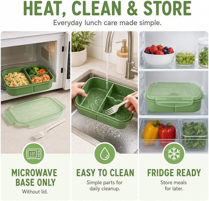 MISS BIG® Bento Lunch Box for Kids, 1150ml, 3 Compartments, Matcha Green | Matcha green kids bento lunch box for school meals, daycare snacks, light lunch, picnic, and travel.