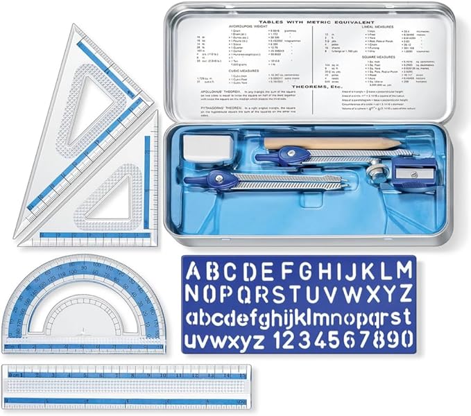 STAEDTLER 10-Piece Math Set with Metal Compass 12-Pack (12 Sets of 10 pcs), 6" Ruler & Triangle Squares, 45° & 30/60° Set Squares, Alphabet Stencil - Measuring Tools, 120 Count