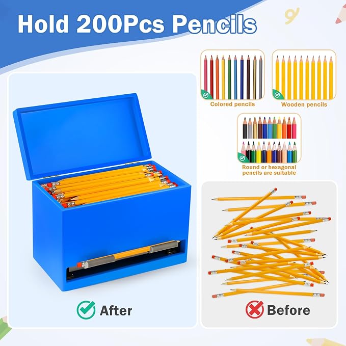 Aigybobo Pencil Dispenser for Classroom, Wooden Desk Pencil Holder, Blue | Teacher Must Haves, Classroom Organization, Wooden Dispenser for Pencils or Straws, for Offices, Kitchens, Restaurants